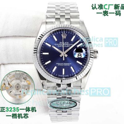 Clean Factory Swiss Clone Rolex Datejust 36mm Blue Face Stainless Steel 3235 Watch 